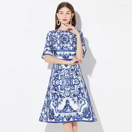 Party Dresses 2024 Runway Designer Summer Mid Dress Women O Neck Short Sleeve Blue And White Porcelain Print Holiday Mediterranean