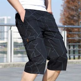 Men's Shorts Long cargo short sleeved mens plus size 6XL knee casual cotton elastic waist Bermuda mens multi pocket military Capri breeze J240325