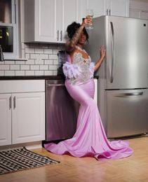 Lavender Pink Sparkly Long Trumpet Evening Ceremony Dresses for Black Girl Luxury Diamond Feather Prom Birthday Party Dress