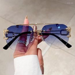 Sunglasses Ladies Metal Pilot For Women Fashion Double Bridge Oversized Rimless Gradient Lens Sun Glasses Female Shades UV400
