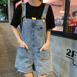 Women's Shorts S-5xl Korean Style Women Denim Overalls Summer Oversized Hole Suspender Loose All-matched Female