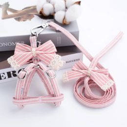 Leads Pink Stripe Dog Collars And Harnesses Cotton Bows Girl Boy Pet Leash Set Outdoor Walking For Pitbull Chihuahua S M Accessories