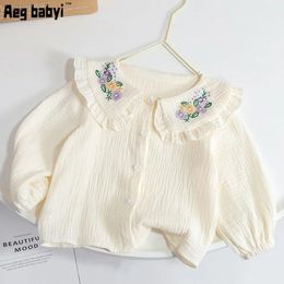 Baby Girls Clothing Toddler Shirt Sweet Lapel Long Sleeve Shirt Spring Girls Blouses Embroidered Cotton Tops 1-6 Years 240318