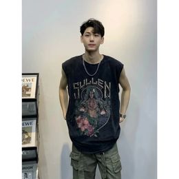 High Street Hiphop Tank Top Washed Sleeveless T-shirt Mens Vest Gothic Punk Print Hip-hop Outdoor Loose Sports Vest 240312