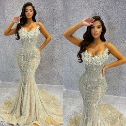 Luxury Crystal Mermaid Wedding Dresses Strapless Bridal Gowns Sequins Slim Custom Made Sleeveless Sweep Train Vestidos De Novia