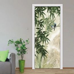 Stickers 3D Door Sticker Mural Wallpaper Hand Painted Bamboo Forest Bird Picture Wall Decals Bedroom Living Room Door Stickers Home Decor