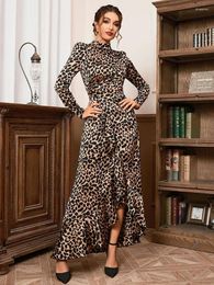 Casual Dresses Sexy O Neck Long Sleeve Ruffles Dress Women Leopard Printed Asymmetrical Ruffled Maxi Elegant Celebrity Party
