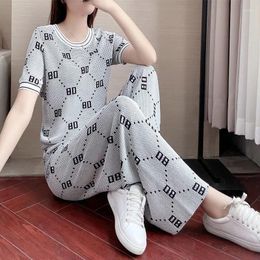 Women's Two Piece Pants Wide Leg Sets Sweatsuit Short Sleeve Casual Suit Summer 2024 Fashion Brand Foreign Style Age Reducing Loose