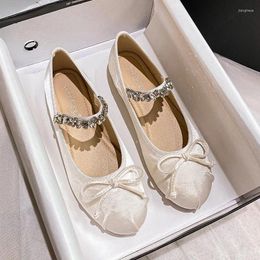 Casual Shoes 2024 Elegant Woman Summer Round Toe Ballerina Flats Cute Silk Satin Rhinestone Female Bow Mary Jane