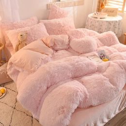 Luxury Winter Warm Long Plush Pink Bedding Set Queen Mink Velvet Double Duvet Cover Set with Fitted Sheet Warmth Quilt Covers 240320
