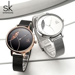 Shengke Women Fashion Watch Creative Lady Casual Watches Stainless Steel Mesh Band Stylish Desgin Silver Quartz Watch for Female C256J