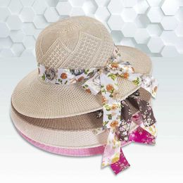 Wide Brim Hats Bucket Hats Summer wide Brim bow straw hat for women with long floral ribbon outdoor travel beach hat protection Panama hat 2022 J240325