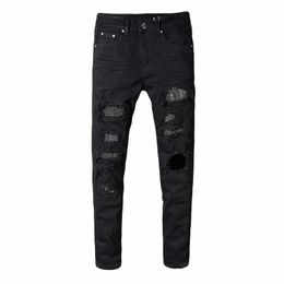 Sokotoo Men's slim skinny crystal rhineste patchwork jeans rasgados Fi patch preto estiramento calças jeans v6QE #