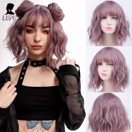 Wigs LUPU Synthetic Bob Wig With Bangs Purple Pink Blonde Wigs Short Curly Natural Fake Hair With High Temperture Fiber For Women