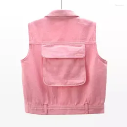 Women's Tanks Spring Summer Fashion Denim Vest Women Casual Big Pocket Cowboy Sleeveless Jacket Pink Slim Short Jeans Waistcoat Female W227