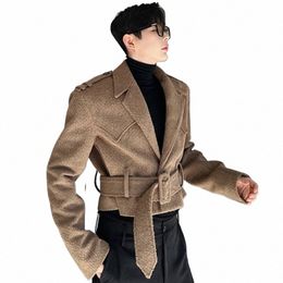 iefb Autumn Winter Thickened Designer Short Woolen Belt Men Jacket Coat 2023 Solid Color Korean Fi Male Tops 9A6200 F4vQ#