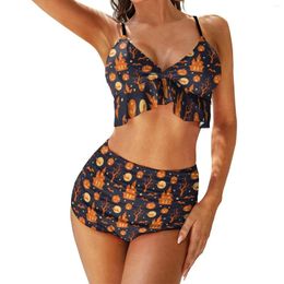 Women's Swimwear Spooky Pumpkin Bats Bikinis Set Halloween Festive Bikini Swimsuit Sexy High Waist Trendy Pool Pattern Beachwear