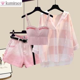 Pantaloncini tinta unita moda Camicia scozzese con protezione solare Reggiseno rosa Pantaloni eleganti da donna in tre pezzi Set Abiti estivi Tuta per 240311