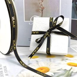 accessories Custom Ribbon Personalised Brand Logo Printed Golden Edges Satin Rubban Tape Wedding Party Favour Giftbox Baking Wrapping Bouquet