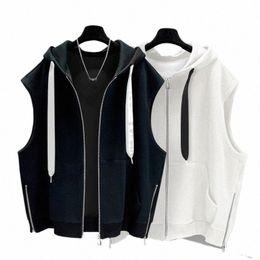 men's Fi Brand Hooded Zipper Vest Summer Outwear Trend Versatile Cool Solid Casual Sports Loose Oversized Top o7Ns#