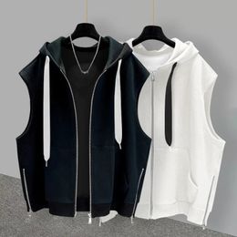 Mens Fashion Brand Hooded Zipper Vest Summer Outwear Trend Versatile Cool Solid Casual Sports Loose Oversized Top 240312