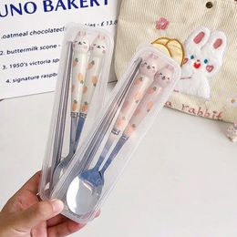 Spoons Stainless Steel Cutlery Cartoon Household Portable Tableware With Box Set Spoon Fork Gift Kitchen Accessories