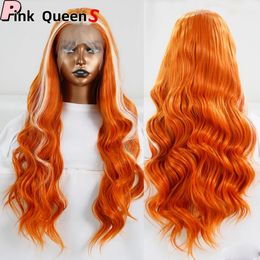 13x4 syntetisk spets front peruk långt hår mode orange cosplay peruker fest sexig mode kvinnor flicka långt lockigt hårpiece brasilianskt hår koreansk hög temperaturfiber