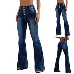 Women's Jeans High Waist Wide Leg Flare Buttons Pockets Denim Trousers Woman Blue Size S To 2XL Womens Pants Spring Summer Clothes