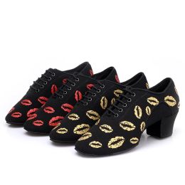 Boots Lip Printed Latin Dance Shoes For Women Soft Split Soles Sneaker Salsa Latin Dance Shoes 5cm Middle Heel Breath Ballroom Shoes