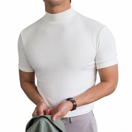 men Base Top Soft Breathable Turtleneck Short Sleeve Streetwear Casual Men Clothing Leisure Slim fit Camisetas Basic T-shirt R28G#