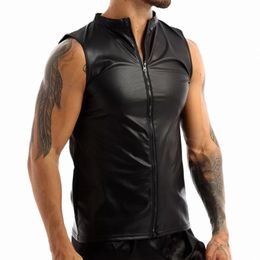 men's Fi Sexy Sleevel Faux Leather Tank Top Summer Black Slim Zipper Vest Nightclub Stage Performance Gay Undershirt Q5Jd#