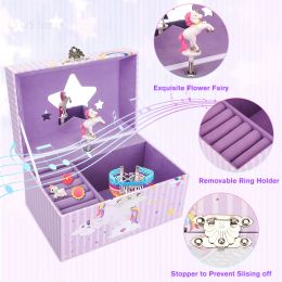 Bins Spinning Unicorn Musical Box Purple Pink Jewelry Storage Box Birthday Gift Highend Handmade Art Christmas Octave Jewellery Box