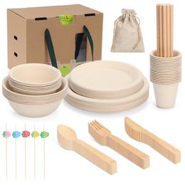 Disposable Biodegradable Kraft Carton Set of MZL Eco-friendly 27*18*21CM Nature Brown 100%Bamboo Carton Set Perfect for Picnics, Parties and Festive Celebrations