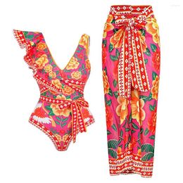 Women's Swimwear 2024 Retro Flower Printed Ruffled One Piece Swimsuit And Skirt Summer Women Beachwear Bathing Suit