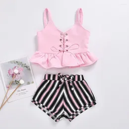 Clothing Sets Ruffle Girls T-shirt Shorts Set Summer Sleeveless Top Stripe Two-piece Suit Outfit For Daily Life