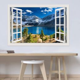 Accessories Modern 3d Large Decal Landscape Wall Sticker Snow Mountain Lake Nature Window Frame View Vinyl Home Decor Living Room Bedroom