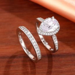 Cluster Rings Huitan Eternity Water Drop Cubic Zirconia Set Women For Wedding Simple Stylish Luxury Silver Color 2Pcs Brilliant Jewelry