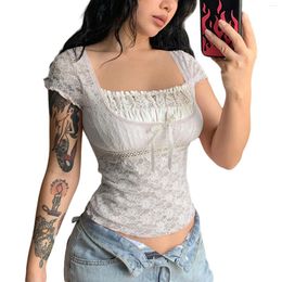Women's T Shirts Fashion Summer T-Shirt 2024 Sexy Ladies Lace Splicing Square-Neck Short Sleeve Slim Crop Tops Camisole For Girls