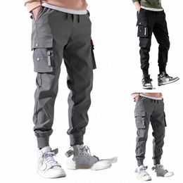 2023 Summer Fi Men's Pants Mid-Rise Elastic Waistband Drawstring Sweatpants Multi Pockets Solid Color Casual Cargo Pants 85gU#