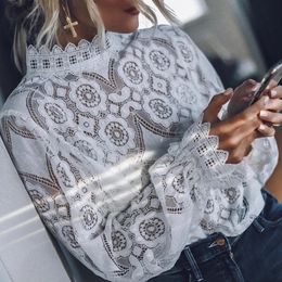 Lace Women Blouses Casual Solid Half High Collar Hollow Out White Shirt Embroidery Loose Womens Tops And Spring Tunic 240320