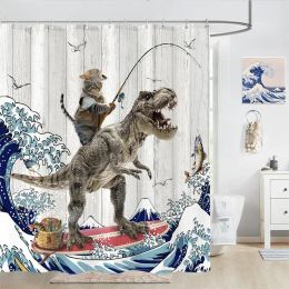 Curtains Funny Cat Dinosaur Shower Curtain Fishing Japanese Ocean Wave Rustic Wood Farmhouse Fabric Kids Bath Curtains for Bathroom Decor