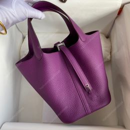 10A high quality designer bucket bag luxurys handbags 22CM Grocery basket togo Genuine Leather tote bag Hand waxed thread sewing Purple Black bag Gift box packaging