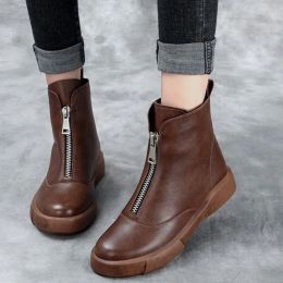 Boots Women Front Zip Short Boots Autumn British Style Soft Bottom Round Head Nonslip Shoes Comfortable Casual Flats Botas Femininas