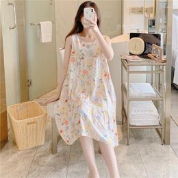 Women's Sleepwear Summer Tank Top Dress Elegant Nightgowns Thin Sleeveless Cotton Rayon Home Wear Loose Printing Nightdress