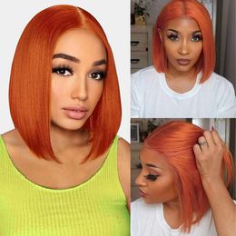 Keytac Ginger Orange 13x4 Frontal Lace Wig Bob for Black Women Glueless Wigs Pre Plucked 150% Density Straight Short Human Hair Brazilian Virgin (10inch)
