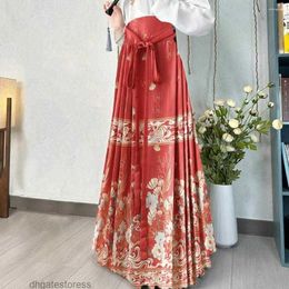 Skirts Chinese Skirt Elegant Vintage Ming Style Women Maxi With Floral Print High Waist Seft Tie Pleated Horse For Hanfu