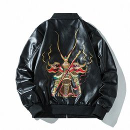 2023 Autumn New Men's Aviator Leather Jacket High Street Embroidered Stand Collar Loose Baseball Coat Men Motorcycle Jacket d1XK#