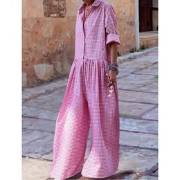 Kadın Tulum Springsummer Giyim Tam Vücut Gevşek Uyum Uzun Kollu Ekose Elegant Pantolon 240319