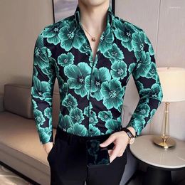 Men's Casual Shirts Luxury Long Sleeved Flower Printed Shirt For Men Korean V-Neck Slim Fit Tuxedo Plus Size Prom Floral Clothing