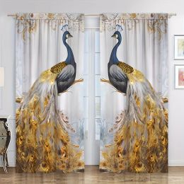 Curtains 2pcs Golden Peacock Printed Curtain Rod Pocket Window Treatment For Bedroom Office Kitchen Living Room Study Home Decor